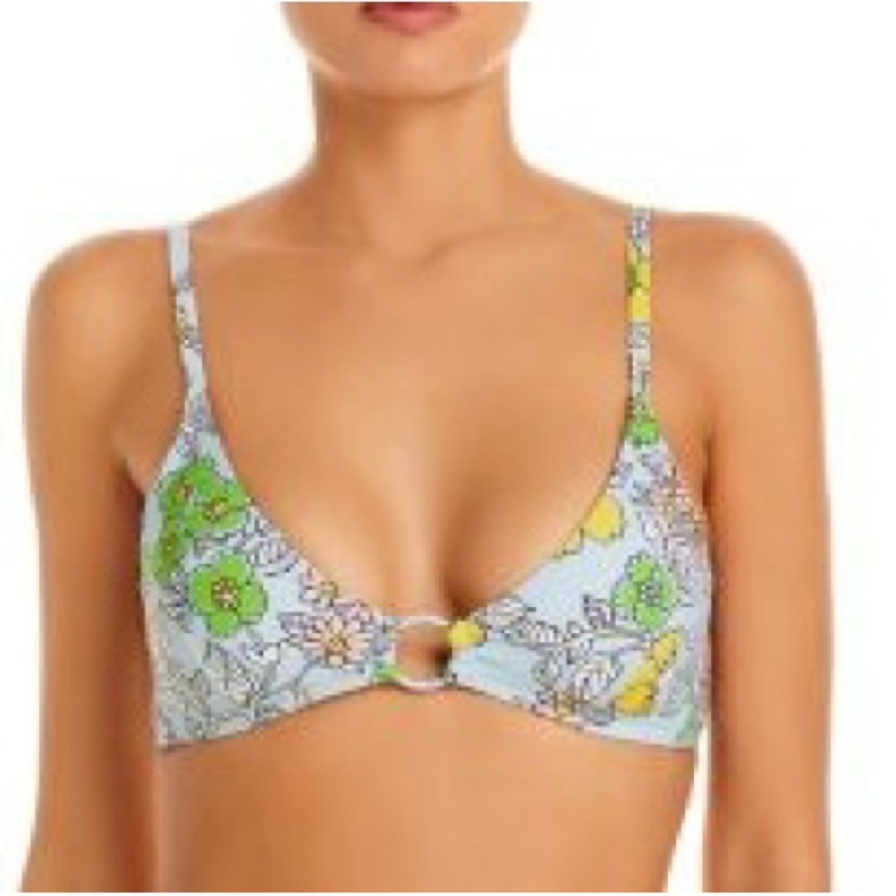 Tory Burch O-Ring Triangle Bikini Top in Pale Blue Wallpaper Floral XS NWT $128